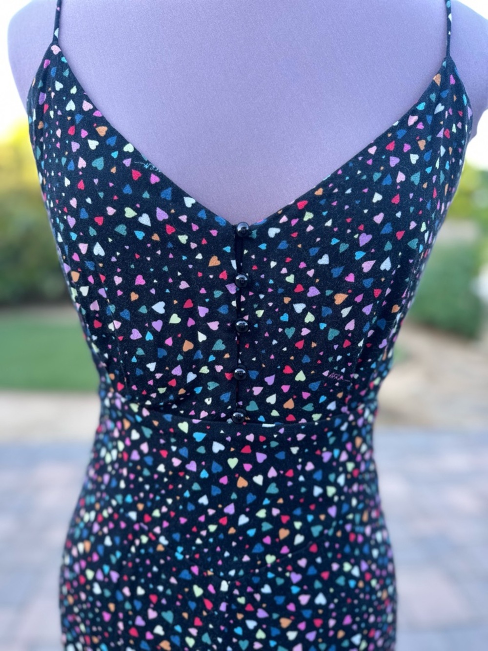 Spaghetti Strap Black Maxi Dress with Multicolor heart Print - Picture 3 of 5